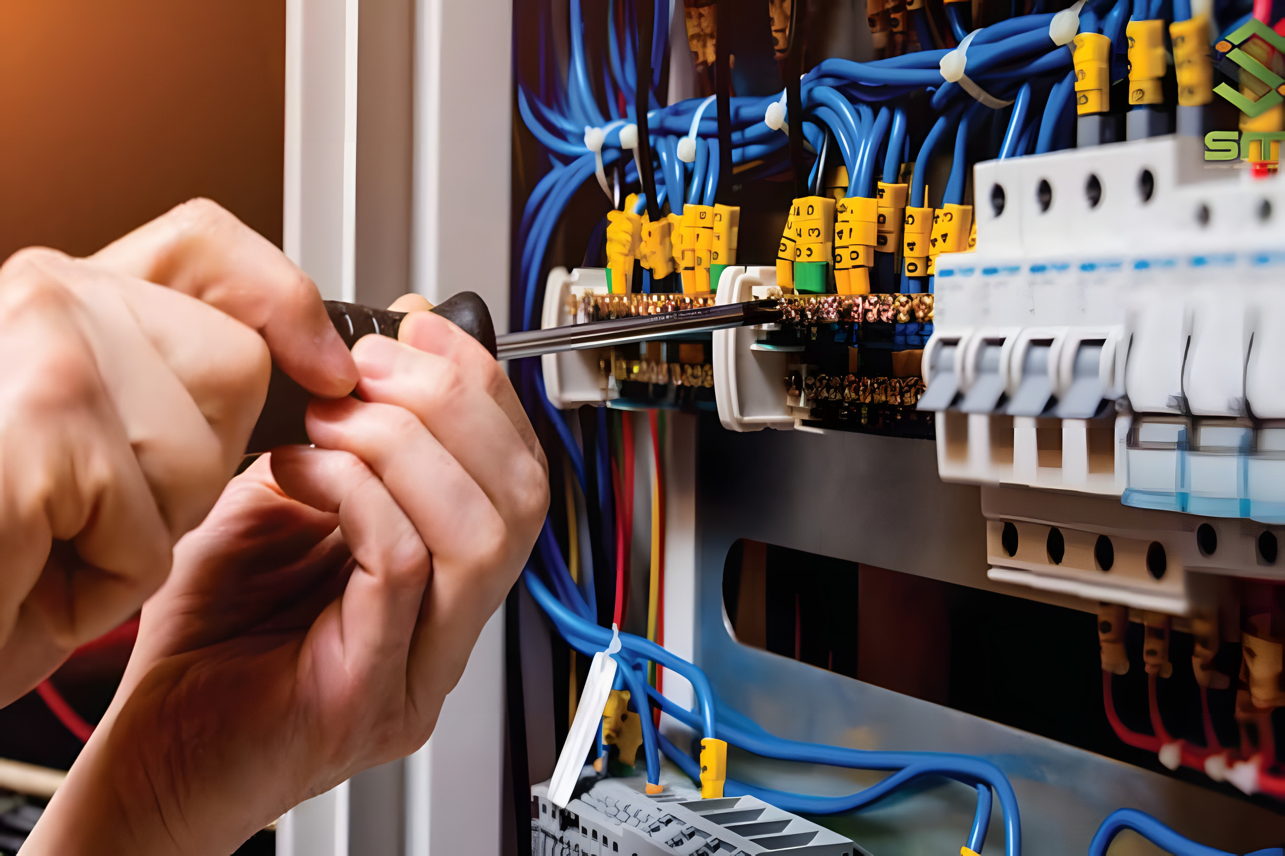 Kỹ thuật viên đấu nối dây vào aptomat trong tủ điện